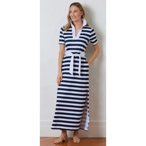Dudley Stephens Madaket Maxi in Navy Cabana Stripe Sz S Belted Polo‎ Collar Luxe